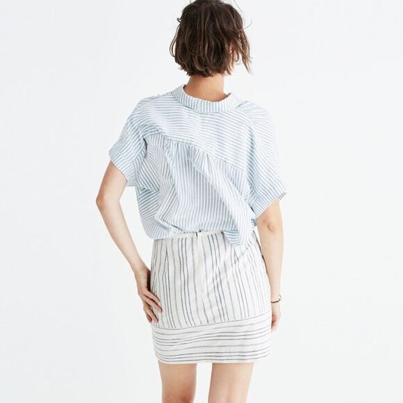 Madewell Linen Gamine Mini Skirt in Stripe Play White Blue Mini Skirt sz 4 - Picture 3 of 11